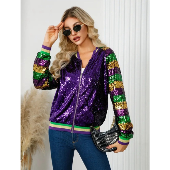 Mardi Gras Sequin Purple Bomber Jacket with Purple, Green, Gold Striped Sleeves - Picture 3 of 8